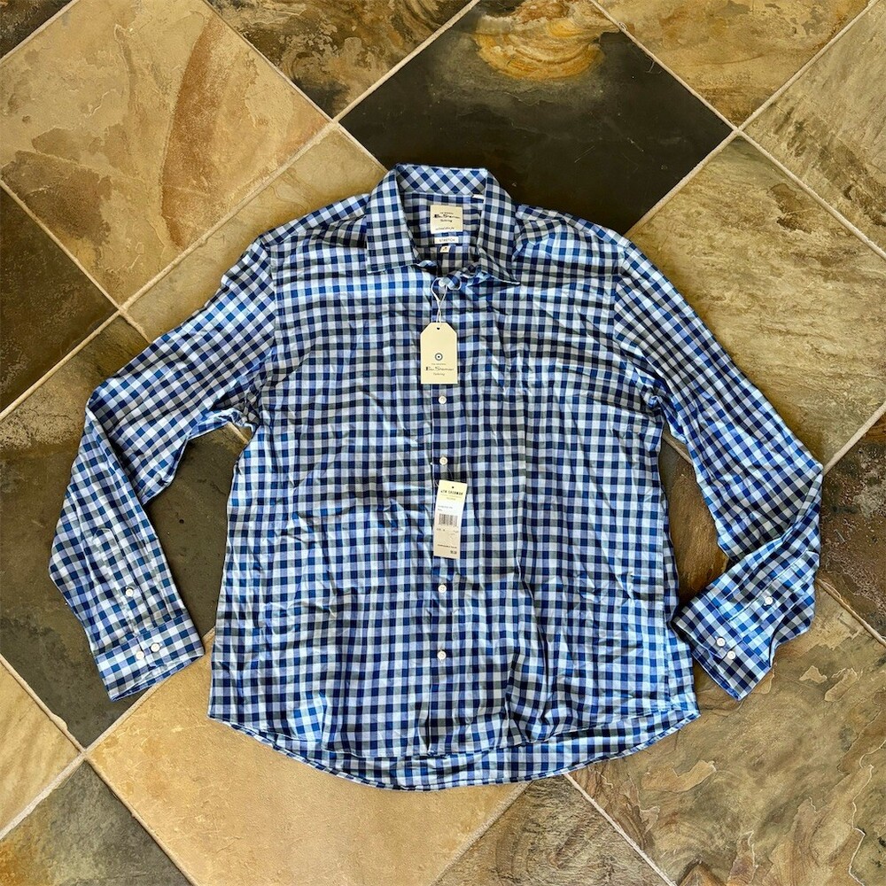 Ben Sherman Dress Shirt Mens 18 36/37 Blue Gingham Check Slim Fit Stretch